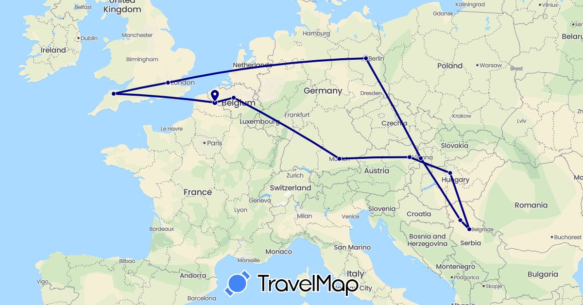 TravelMap itinerary: driving in Austria, Belgium, Germany, France, United Kingdom, Hungary, Serbia, Slovakia (Europe)